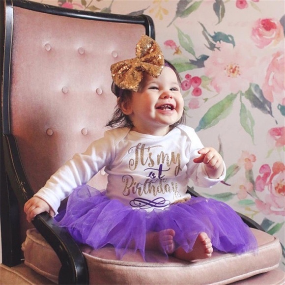 1st Birthday Outfit Matching Onesie Purple Tulle Skirt and Headband - Picture 3 of 14